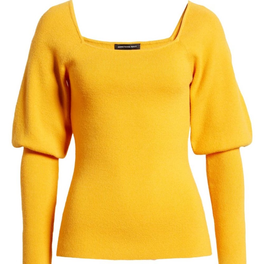 NWOT Something Navy Square Neck Sweater Mustard Top - Picture 3 of 3
